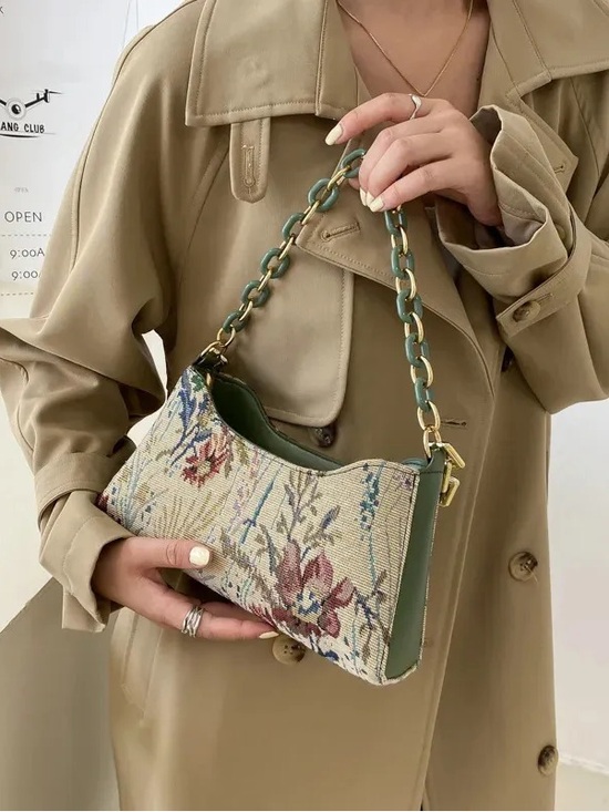 others Handbags - Vintage Floral Tapestry Baguette Bag – Green & Gold Acrylic Chain Strap Shoulder